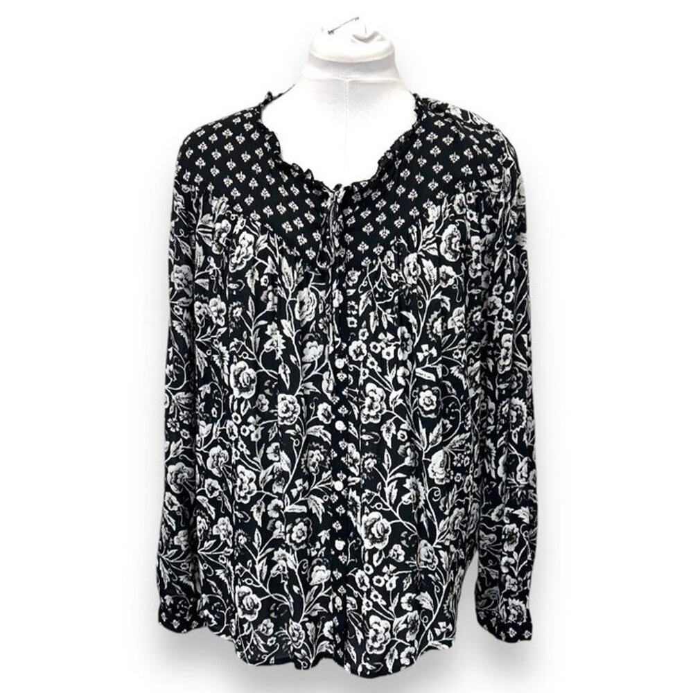 Lucky Brand Women’s Peasant Blouse Floral Boho Chic Casual Prairie Black/White L